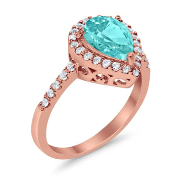 Halo Teardrop Filigree Ring Rose Tone, Simulated Paraiba Tourmaline CZ 925 Sterling Silver